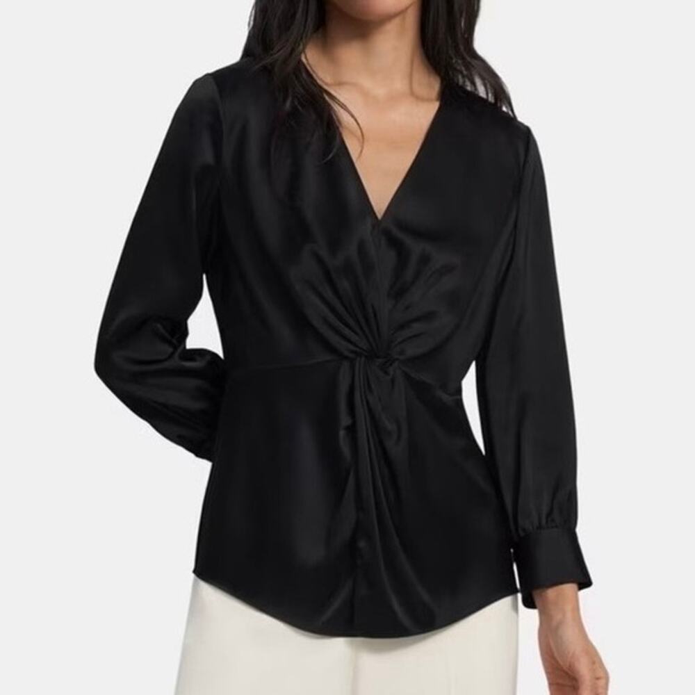 THEORY Long Sleeve Twist Blouse Women Size 12 Black Soft Satin Shirt Top Classic